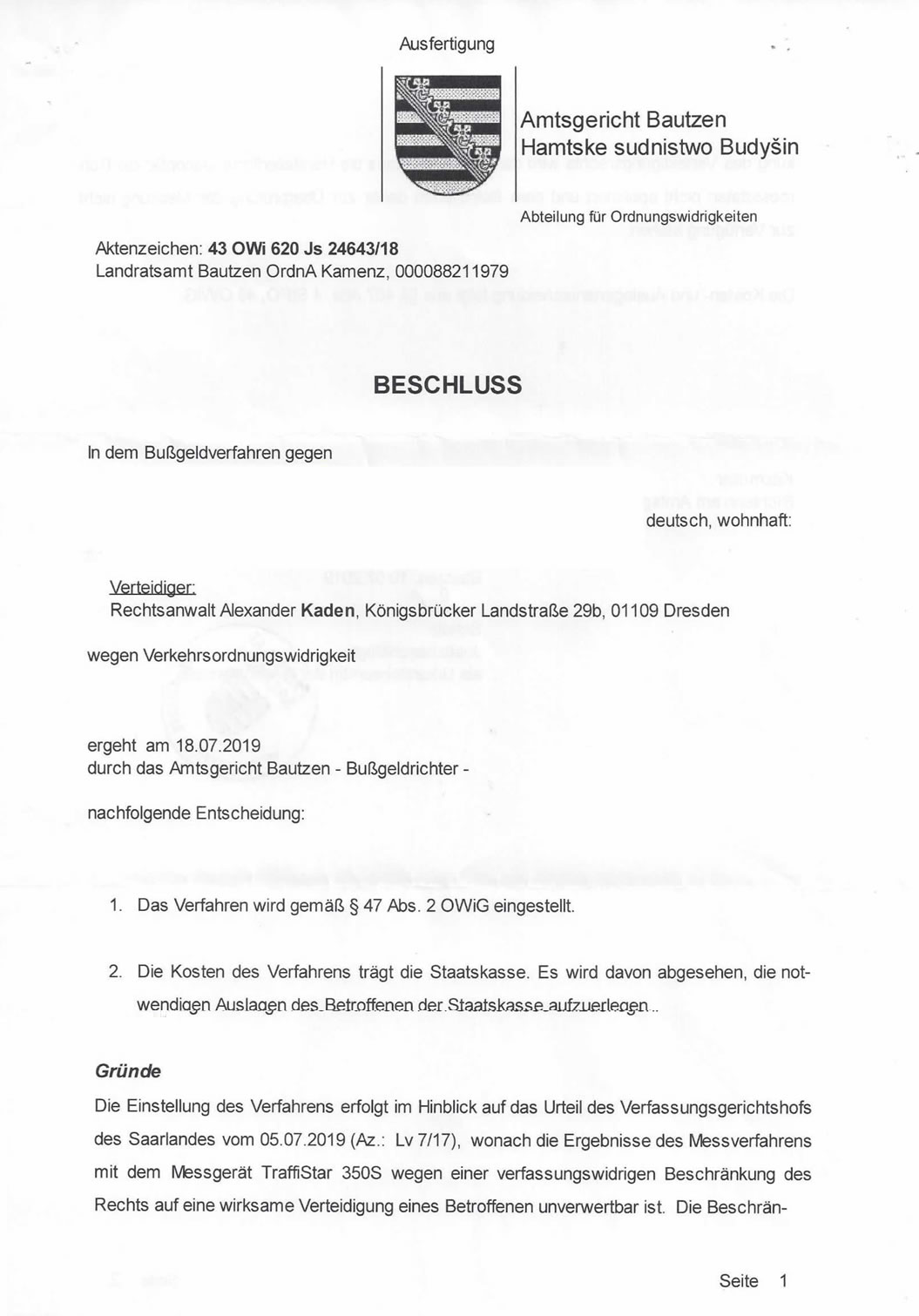 Beschluss Verfahren s 350 eingestellt